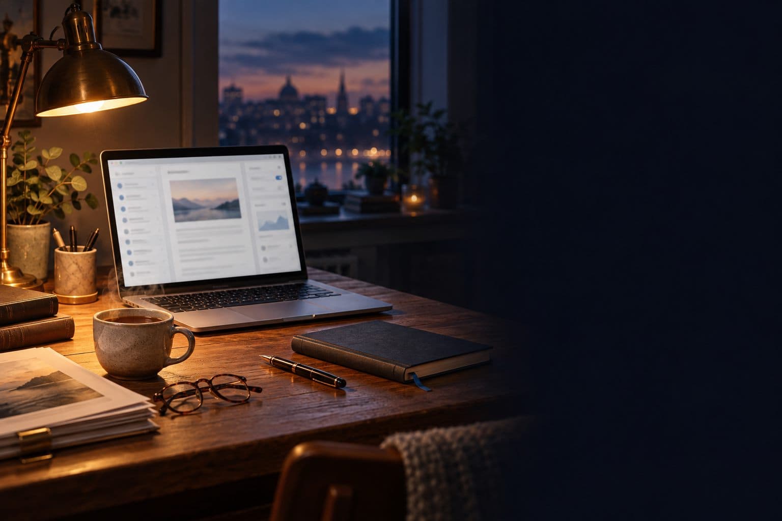 A desk at dusk: a laptop open on a Gemini Notebook notebook with the Notebook OS Studio panel, a notebook and pen, a cup of tea